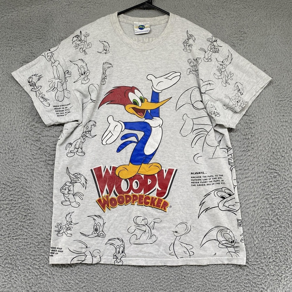 Vintage 90s Universal Studios Shirt Mens XL Gray Woody Woodpecker AOP Sketch